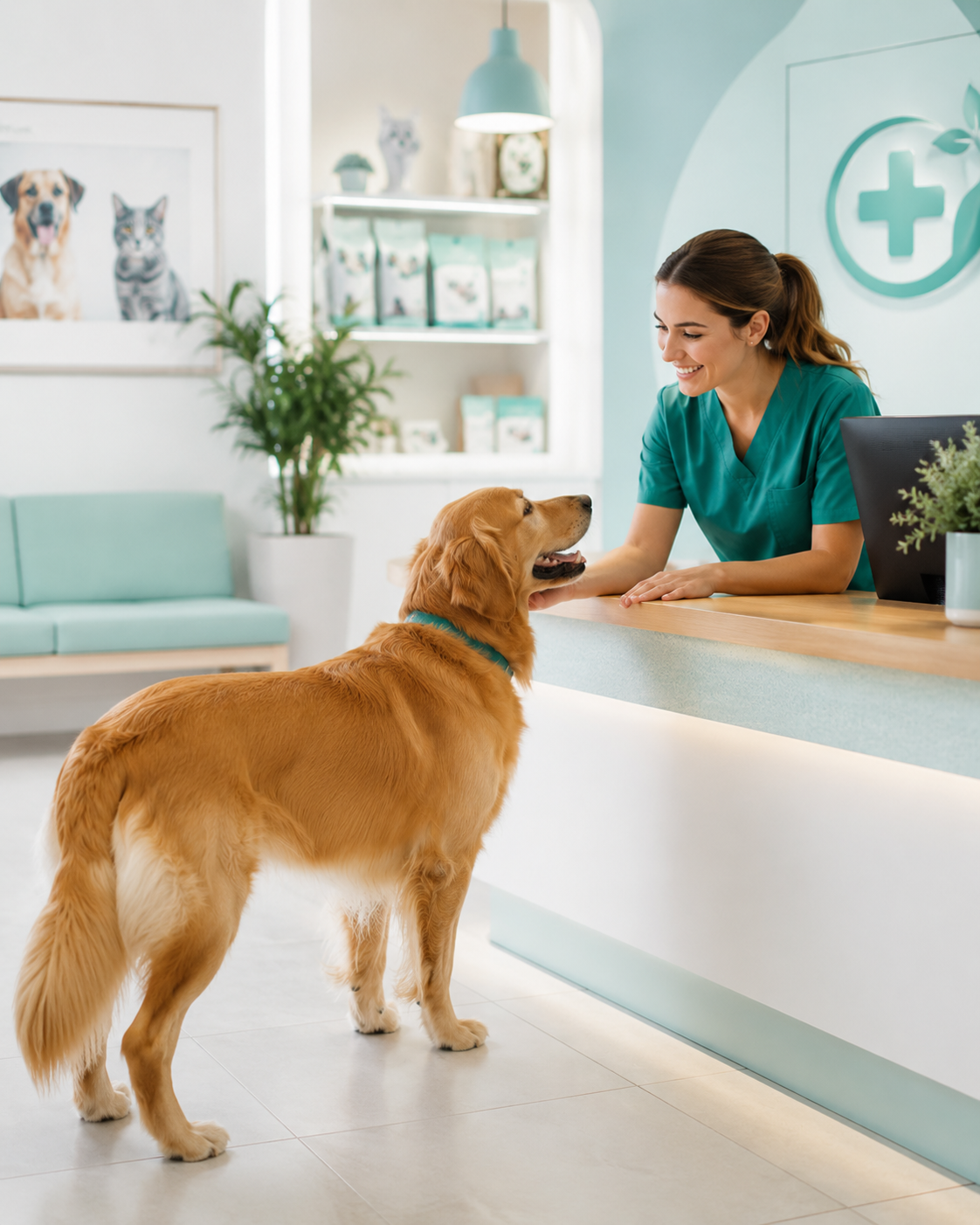 Golden Retriever accueilli au comptoir de la clinique