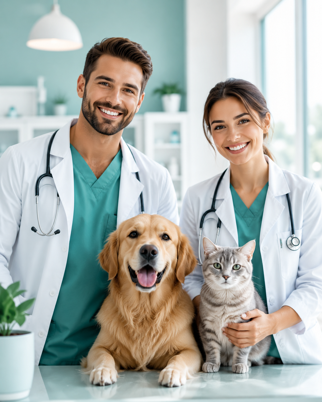 Deux vétérinaires souriants avec un Golden Retriever et un chat gris
