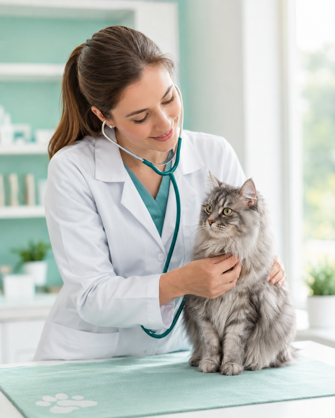 Vétérinaire auscultant un chat persan gris au stéthoscope