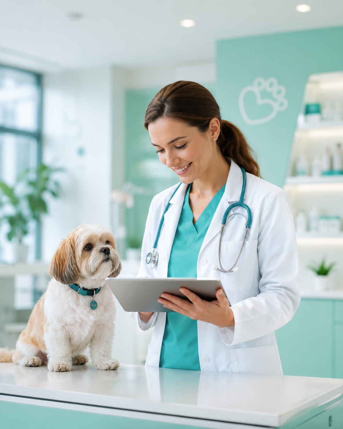 Vétérinaire consultant une tablette à côté d'un Shih Tzu